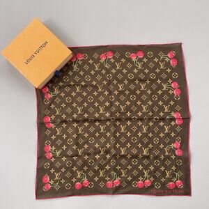 Auth Louis Vuitton Monogram Takashi Murakami Cherry Cotton Silk Scarf W/Box